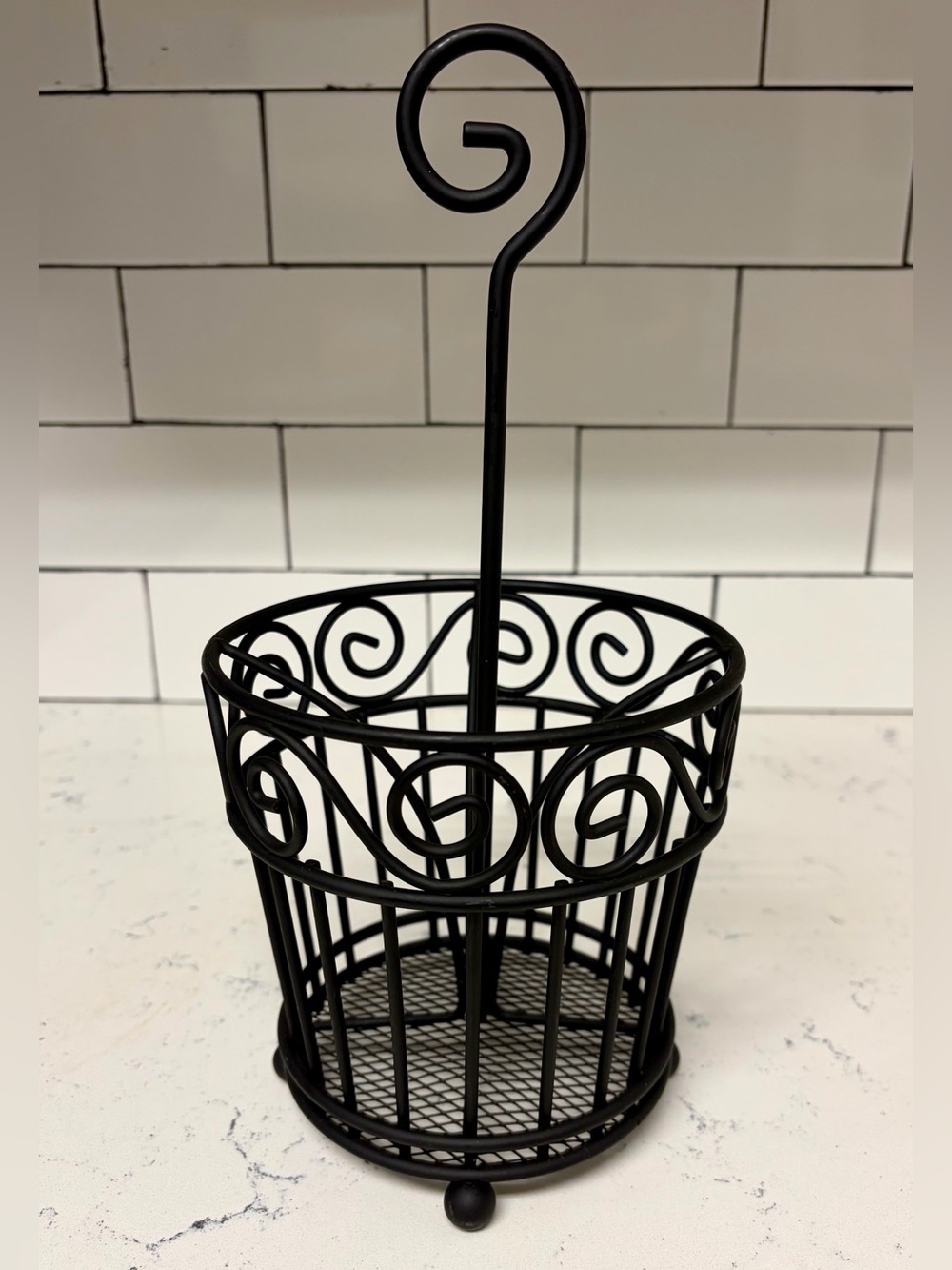 Scroll Silverware Caddy Organizer with Top Handle, Black Steel, 5.25 x 11 in